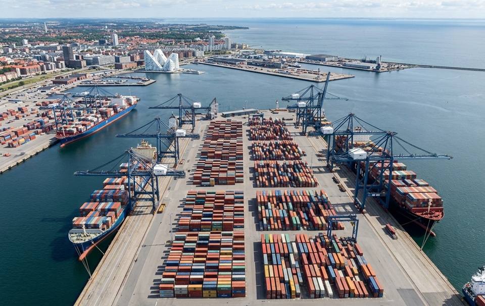 Aerial view of Aarhus container port Denmark Nordic gateway