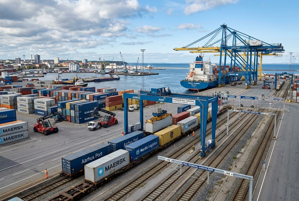 On dock rail terminal Aarhus port intermodal distribution Scandinavia