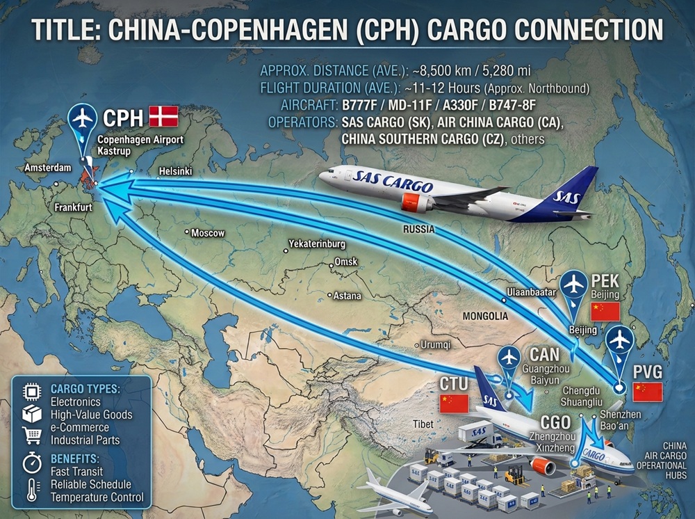 Air cargo routes from major airports in China to Copenhagen Airport (CPH)