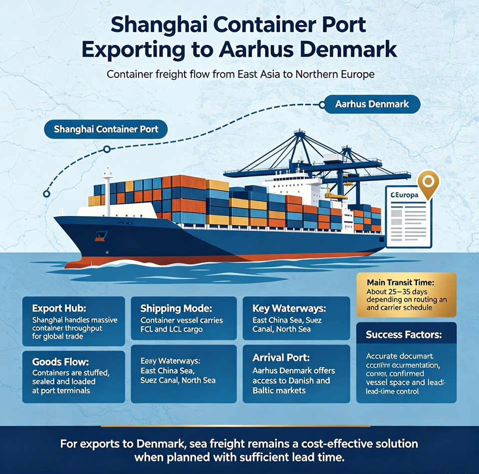 Shanghai container port exporting to Aarhus Denmark