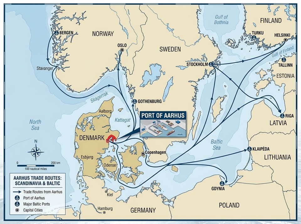 Denmark map showing Aarhus port trade routes to Scandinavia and Baltic