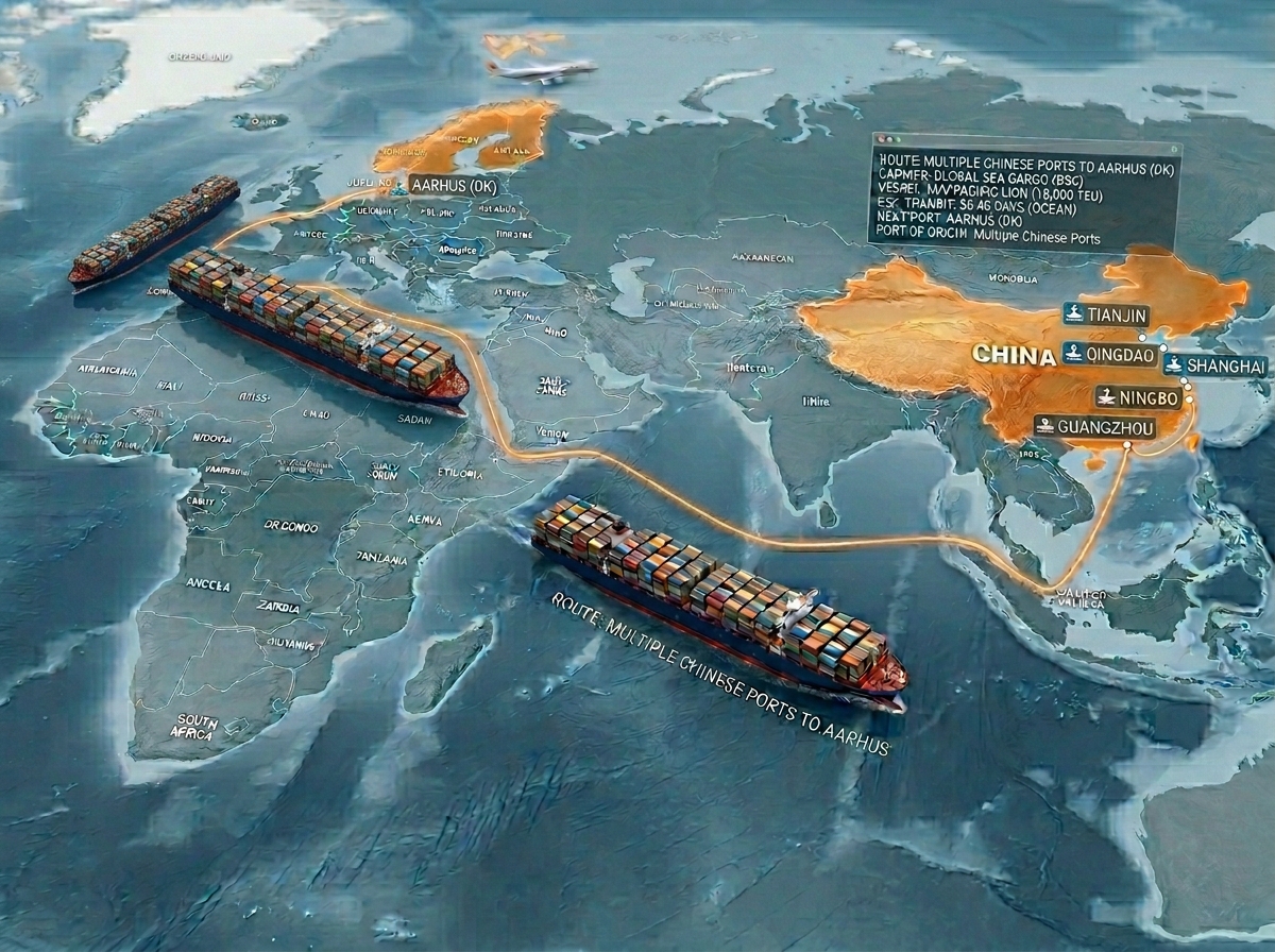 Container ship carrying cargo for China to Denmark trade route