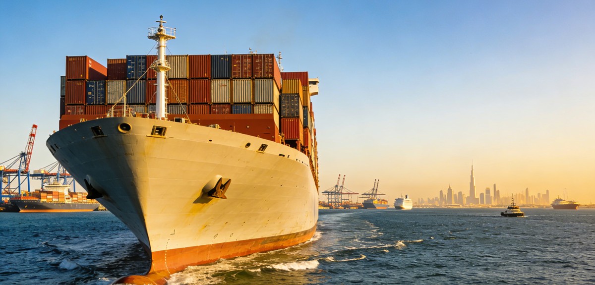 Ocean Cargo Ship Leaving Port for Dubai