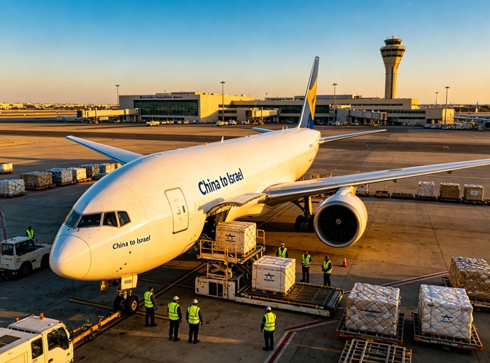 Air cargo plane loading freight China to Israel