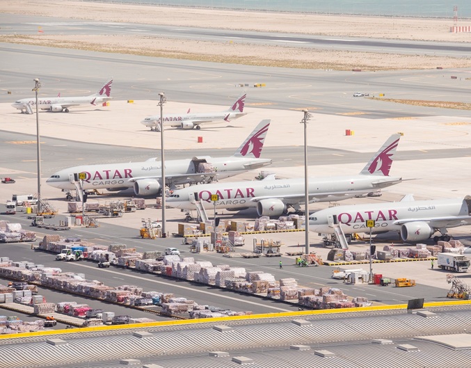 Air cargo aircraft loading freight from China to Doha